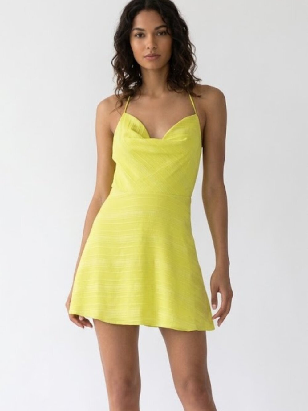 NBD Neon Yellow Mini Dress Draped Halter Backless Textured XS